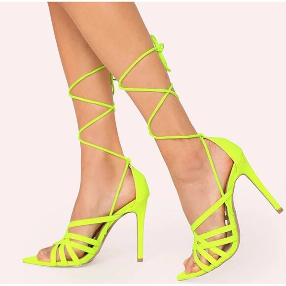 Neon Yellow Strappy Gladiator Stiletto Heels - Pointy Open Toe - Picture 1 of 13